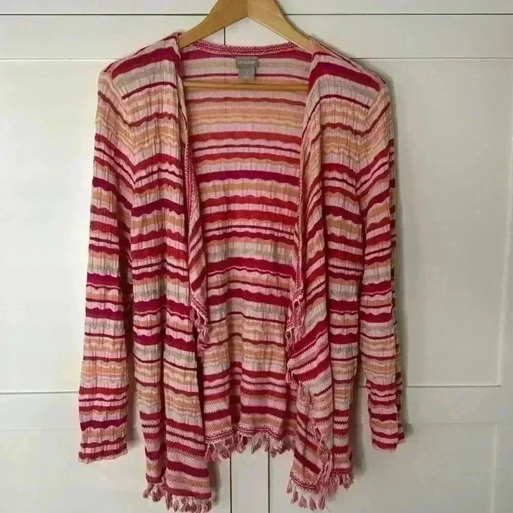 Chico's Knit Sweater Cardigan Open Front Waterfall Fringe Edge Chico's Size 2